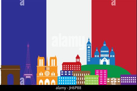 Paris France City Skyline Outline Silhouette in Flag of France Color Isolated on White Background Panorama Illustration Stock Vector