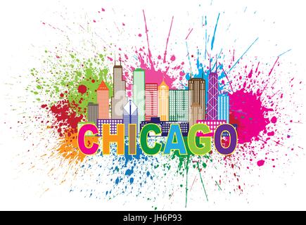 Chicago City Skyline Panorama Outline Silhouette Paint Splatter Abstract Colorful Text Isolated on White Background Illustration Stock Vector