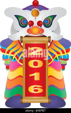 Chinese New Year Colorful Lion Dance Holding Scroll with Numerals 2016 Happy New Year Isolated on White Background Illustration Stock Vector