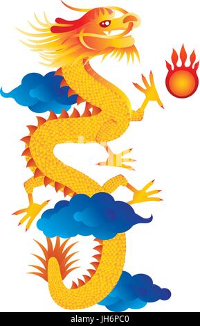 Chinese Lunar New Year Dragon with Flaming Pearl on Clouds Isolated on White Background Color Illustration Stock Vector