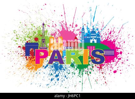 Paris France City Skyline Outline Silhouette Paint Splatter Abstract Colorful Text Isolated on White Background Panorama Illustration Stock Vector