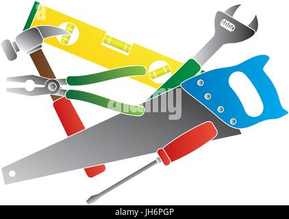 Construction Carpentry Tools Hammer Level Wrench Pliers Wood Saw Screw Driver Collage in Colors Isolated on White Background Illustration Stock Vector