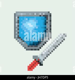color pixelated set of shield and sword Stock Vector