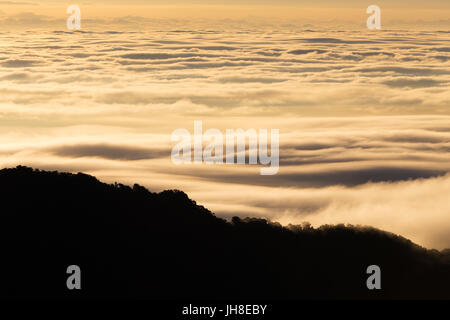 A silhouetted mountain ridge rises above silky, golden clouds during a beautiful sunrise in Australia. Stock Photo