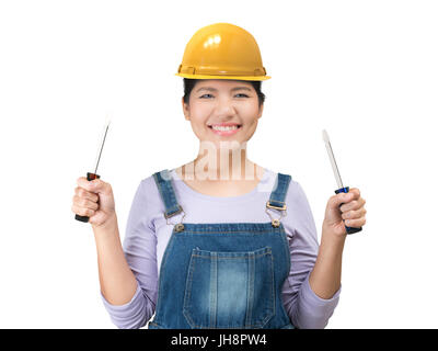 asian engineering woman wearing safety helmet and jumpsuit Stock Photo