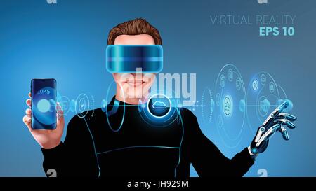 A young man in a cyber suit wearing virtual reality headset and touches the virtual holographic interface. The application of virtual reality for smar Stock Vector