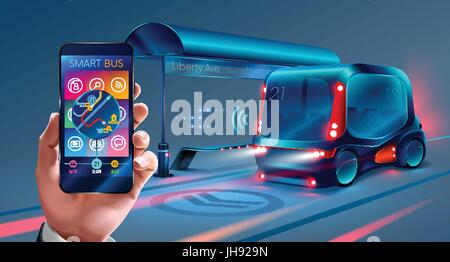 the application interface for mobile phone Smart bus. Businessman using smartphone, with maps and applications are where now rides the bus. Future con Stock Vector