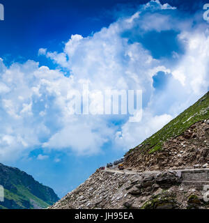 Traffic jam of cars on the Rohtang La pass, elevation 3,978 m (13,050 ft) Himachal Pradesh, India. This pass is an ancient trade route between the peo Stock Photo