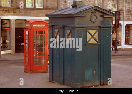 Edinburgh police box telephone Tardis  not converted  with British red telephone box behind like batman and robin grassmarket Stock Photo