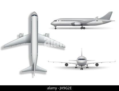 Silver realistic airplane mock up isolated. Aircraft, airliner 3d illustration on white background. Set of air plane from front, side and top view. Vector illustration. Stock Vector