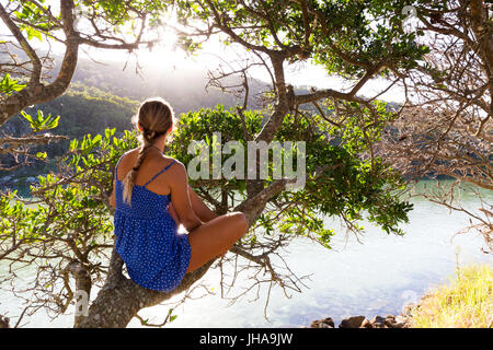 A young woman sitting in a tree watches the bright morning light reflect off of a clear coastal creek. Stock Photo