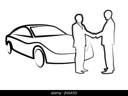 two businessmen shaking hands in front of a car - illustration , vector Stock Photo