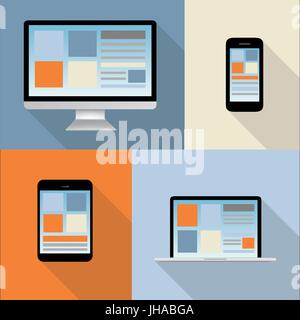 computer, tablet, mobile phone, laptop illustration - collection - colorful background Stock Photo