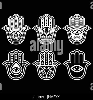 Hamsa hand, Hand of Fatima - amulet, symbol of protection from devil eye on black   Hamsa, Hand of Fatima - symbol of strength and happiness isolated Stock Vector