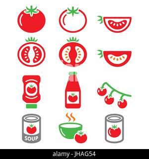 Red tomato, ketchup, tomato soup icons set    Vector food icons set tomatoes isolated on white Stock Vector