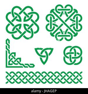 Celtic Irish knots, braids and patterns      Vector set of traditional Celtic symbols, knots, braids in green isolated on white Stock Vector