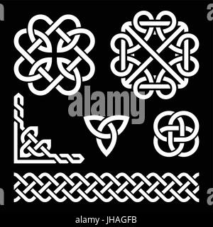 Celtic Irish knots, braids and patterns      Vector set of traditional Celtic symbols, knots, braids in white isolated on black Stock Vector