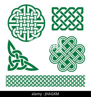 Celtic knots, braids and patterns - St Patrick's Day in Ireland   Set of traditional Celtic symbols in green isolated on white - vector Stock Vector