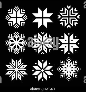 Snowflakes, Christmas vector white icons set on black  Winter weather icons set- snowflakes shapes isolated on black background Stock Vector