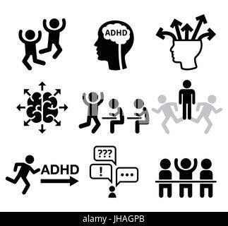 ADHD - Attention deficit hyperactivity disorder vector icons set    Health icons set - people wish ADD or ADHD icons isolated on white Stock Vector