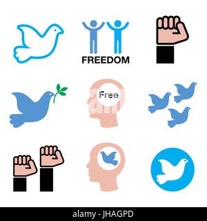 Freedom icons set - dove and fist symbols    Vector icons set of free people, freedom concept isolated on white Stock Vector