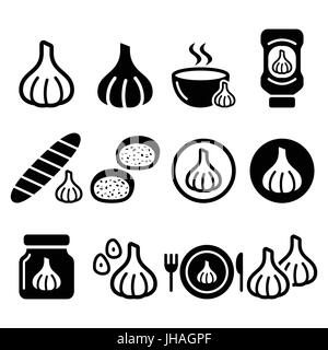 Garlic, food icons set - garlic sauce, soup and bread vector designs    Food icons set - garlic isolated on white Stock Vector