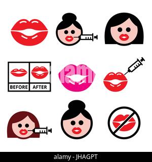 Big red lips, lip augmentation icons - beauty concept    Filling the lips vector icons set isolated on white Stock Vector