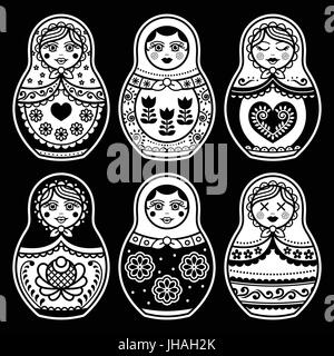 Matryoshka, Russian doll white icons set on black Stock Vector