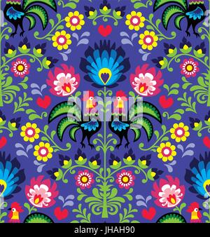 Seamless Polish folk art pattern with roosters - Wzory Lowickie, Wycinanka Stock Vector