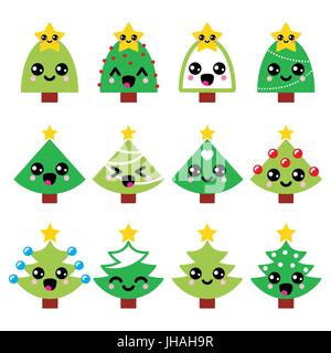 Cute Kawaii Christmas green tree with star vector icons set Stock Vector