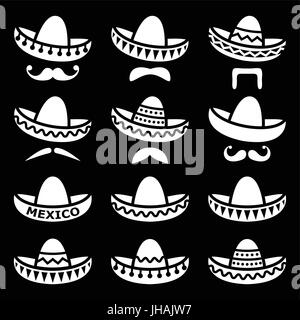 Mexican Sombrero hat with moustache or mustache white icons on black Stock Vector