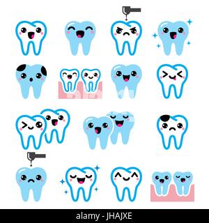 Kawaii Tooth , cute teeth characters - vector icons set Stock Vector
