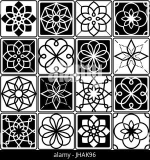 Portuguese Azulejo tiles design, seamless geometric patterns collection in black and white Stock Vector