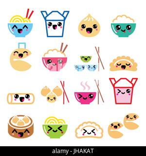 Kawaii Chinese take away food characters- pasta, rice, spring rolls, fortune cookies, dumplings Stock Vector