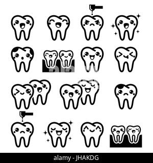 Kawaii Tooth, cute teeth characters - black vector icons set Stock Vector