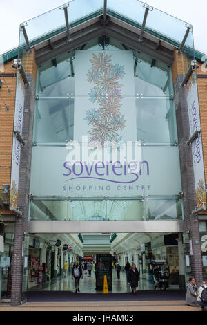 The entrance to the Soverign shopping centre in Boscombe, near Bournemouth, Dorset, England. Stock Photo