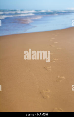 Footprints in sand at beach leading towards sea Stock Photo