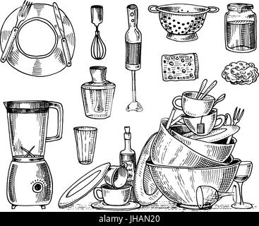 colander, blender and juicer, dirty dishes, jam and sponge for washing. Chef and dirty kitchen utensils, cooking stuff for menu decoration. engraved hand drawn in old sketch or and vintage style. Stock Vector