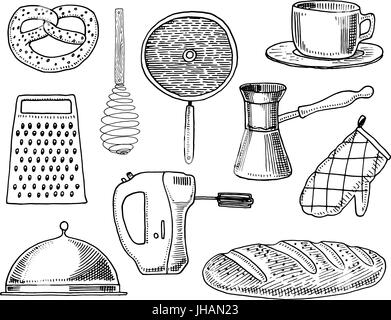 Grater and whisk, frying pan, Coffee maker or grinder, french press, mixer  and baked loaf. kitchen utensils, cooking stuff for menu decoration.  engraved hand drawn in old sketch and vintage style Stock