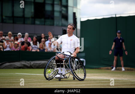Gordon Reid in action during the Gentlemen's Wheelchair Singles on day ten of the Wimbledon Championships at The All England Lawn Tennis and Croquet Club, Wimbledon. Stock Photo