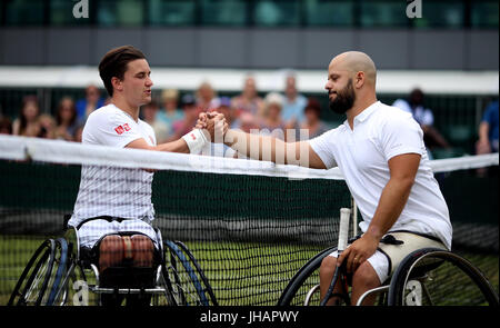 Gordon Reid (left) and Stefan Olsson shake hands after their Gentlemen's Wheelchair Singles match on day ten of the Wimbledon Championships at The All England Lawn Tennis and Croquet Club, Wimbledon. Stock Photo