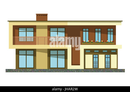 Flat style. Cartoon building. Modern two-storey private house with a sloping roof on a white background. Isolate. Icon Building. Element for the site  Stock Photo