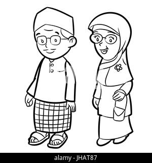 Hand drawn sketch of Adult Malay Character Cartoon isolated, Black and White Cartoon Vector Illustration for Coloring Book - Line Drawn Vector Stock Vector