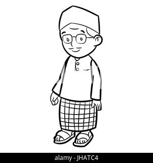 Hand drawn sketch of Adult Malay Man Character Cartoon isolated, Black and White Cartoon Vector Illustration for Coloring Book - Line Drawn Vector Stock Vector