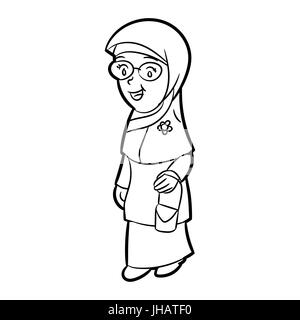 Hand drawn sketch of Adult Malay Woman Character Cartoon isolated, Black and White Cartoon Vector Illustration for Coloring Book - Line Drawn Vector Stock Vector