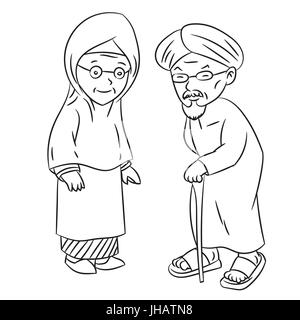 Hand drawn sketch of Elderly Malay Character Cartoon isolated, Black and White Cartoon Vector Illustration for Coloring Book - Line Drawn Vector Stock Vector