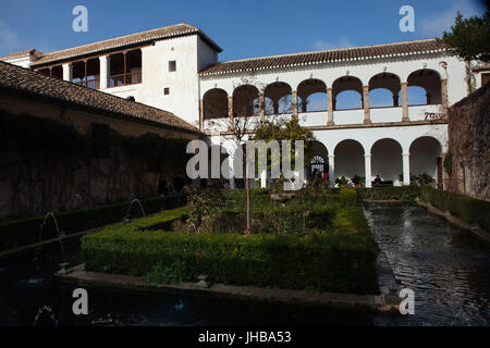 Court of the Sultana's Cypress Tree (Patio del Ciprés de la Sultana) in the Generalife Palace (Palacio del Generalife) in the palace complex of the Alhambra in Granada, Andalusia, Spain. Stock Photo