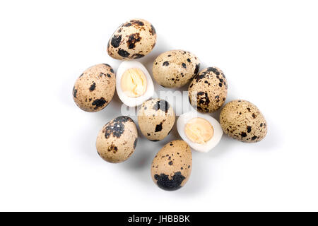 group of quail eggs isolated on white background. top view Stock Photo