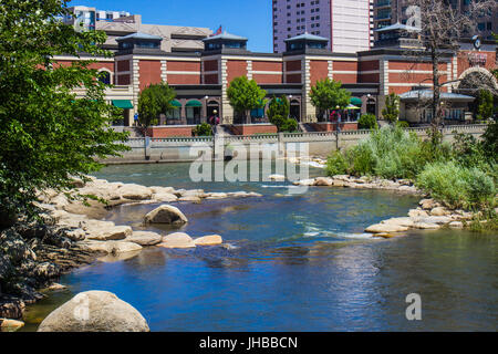 Truckee River Flowing Past River Walk In Reno, Nevada Stock Photo