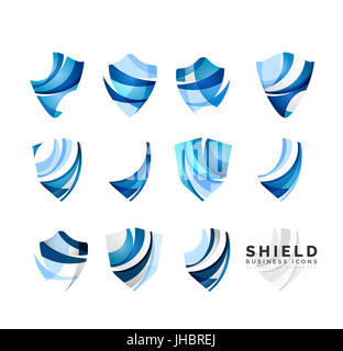 Set of protection shield logo concepts. Color flowing wave design icons on white Stock Photo
